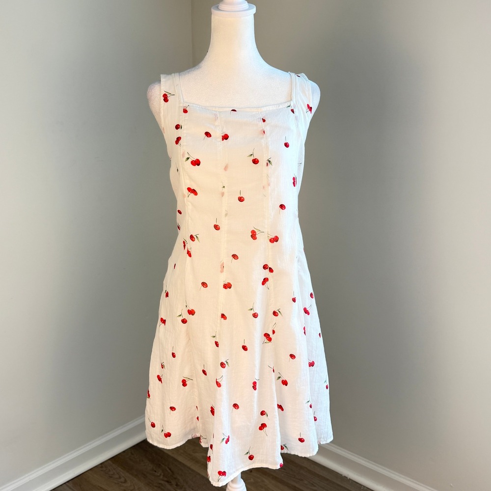 Abercrombie Kids Cherry Print Dress Kids 17/18 White Cotton Pockets Cottagecore